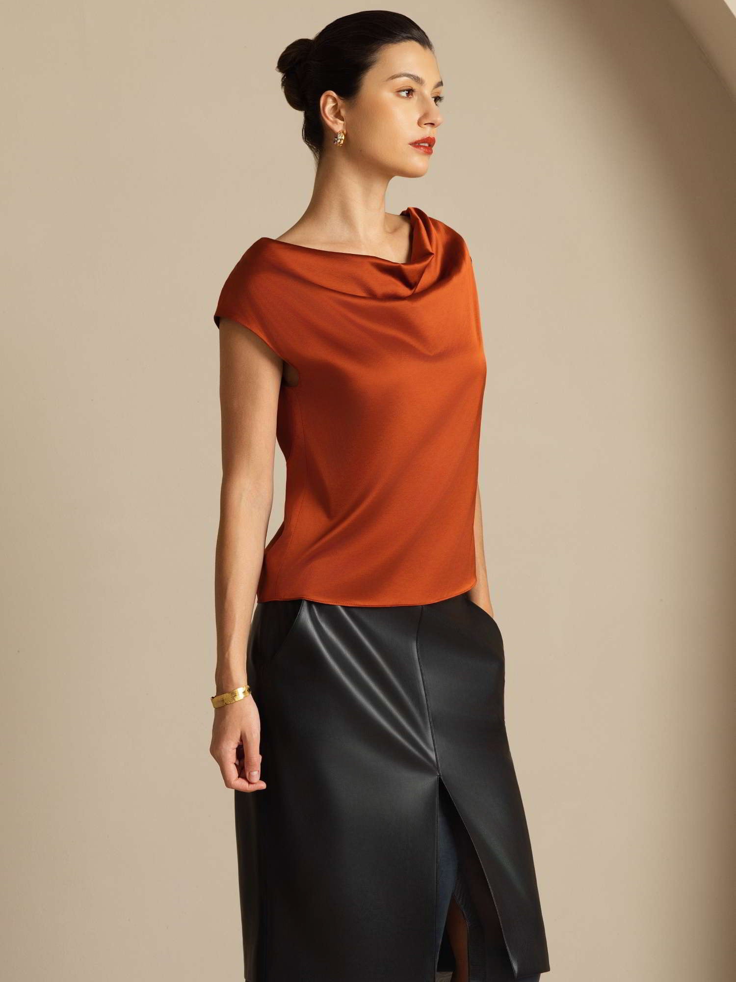 [Caramello] SilkSilky-IT 19Momme Seta Senza maniche Collo drappeggiato Magliette donna 006