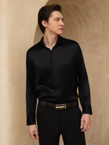 [Nero] SilkSilky-IT 19Momme Manica lunga Colletto con Revers Camicia da uomo 004