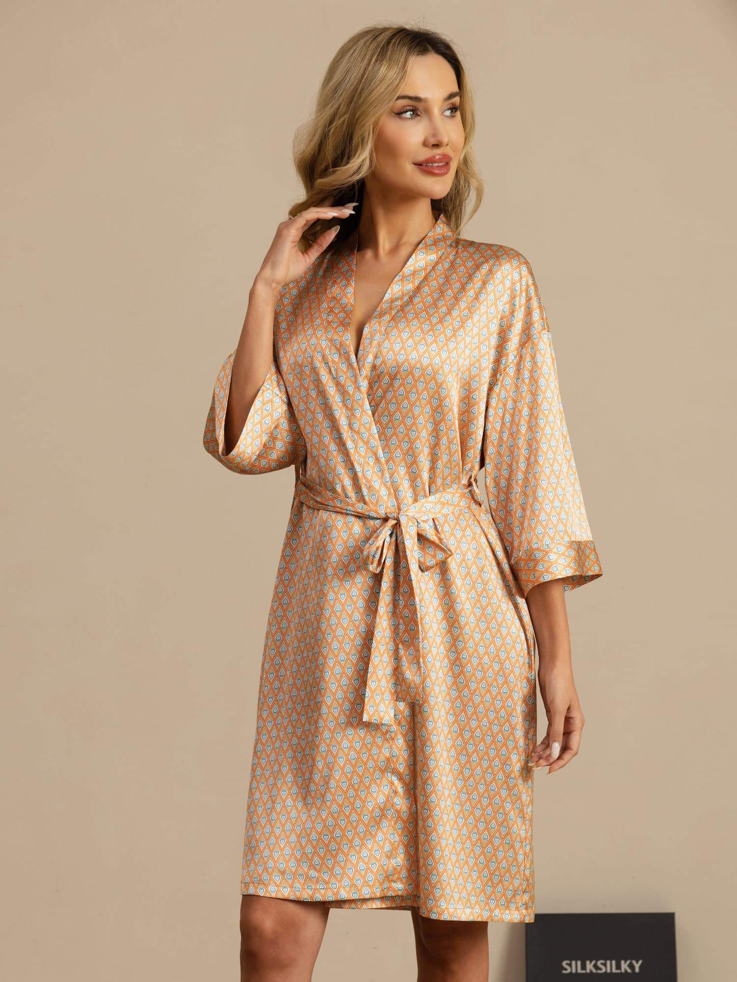 [Giallo Cuore Geo] SilkSilky-IT A tre quarti Vestaglia da donna 004