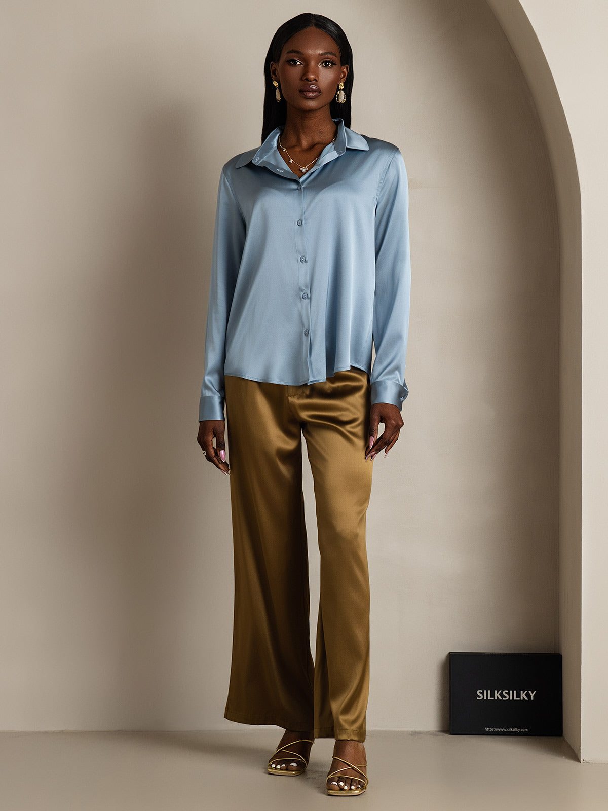 [Blu Grigiastro] SilkSilky-IT Seta Colletto risvolto Camicie da donna 006