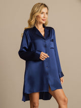 [Blu Scuro] SilkSilky-IT Long Sleeve Lapel Collar Camicia da notte 008