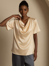 [Champagne] SilkSilky-IT Short Sleeve Cowl Neck Bluse 005