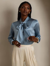 [Blu Grigiastro] SilkSilky-IT Long Sleeve Tie Neck Bluse 003
