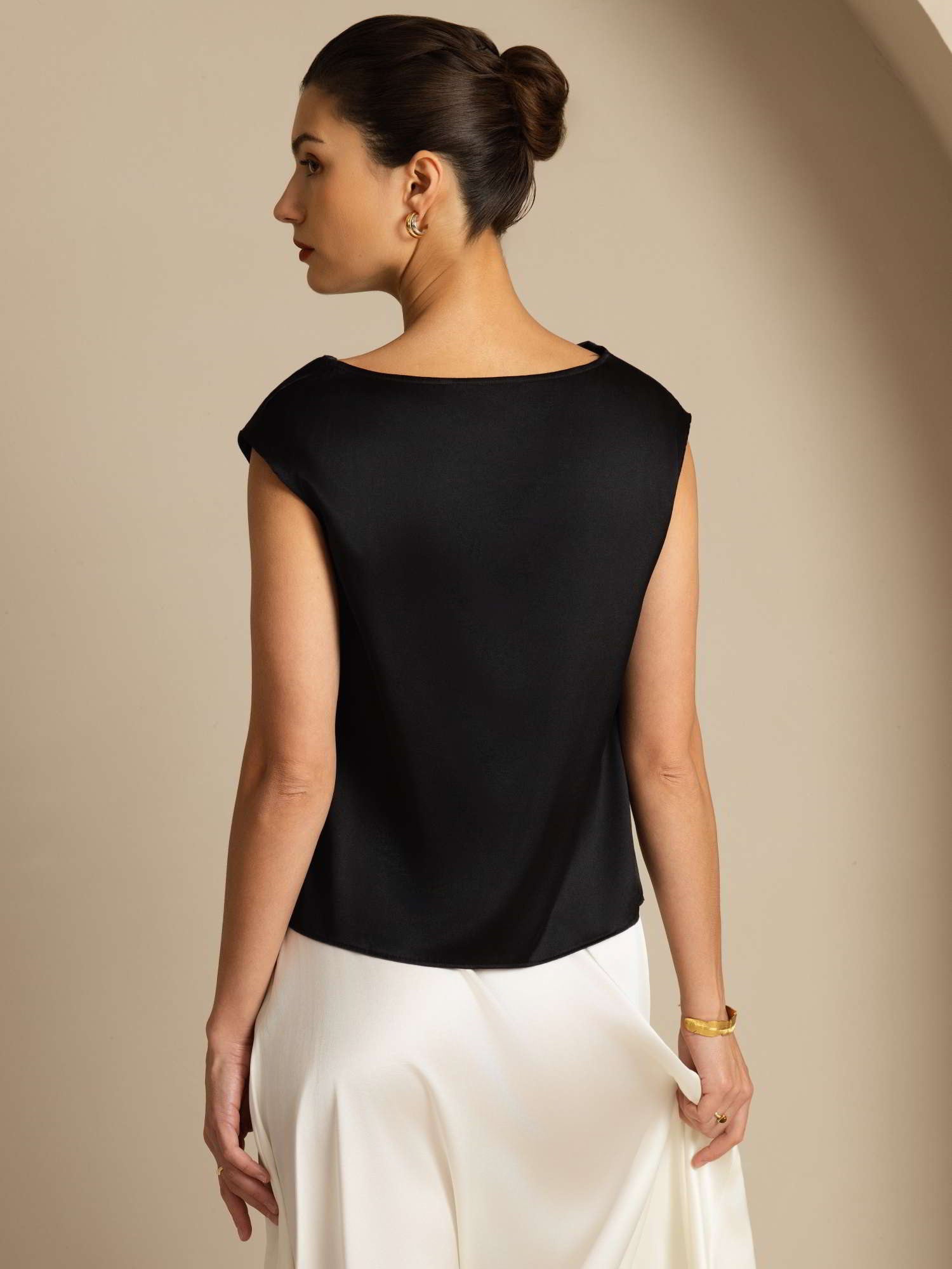 [Nero] SilkSilky-IT 19Momme Seta Senza maniche Collo drappeggiato Magliette donna 003