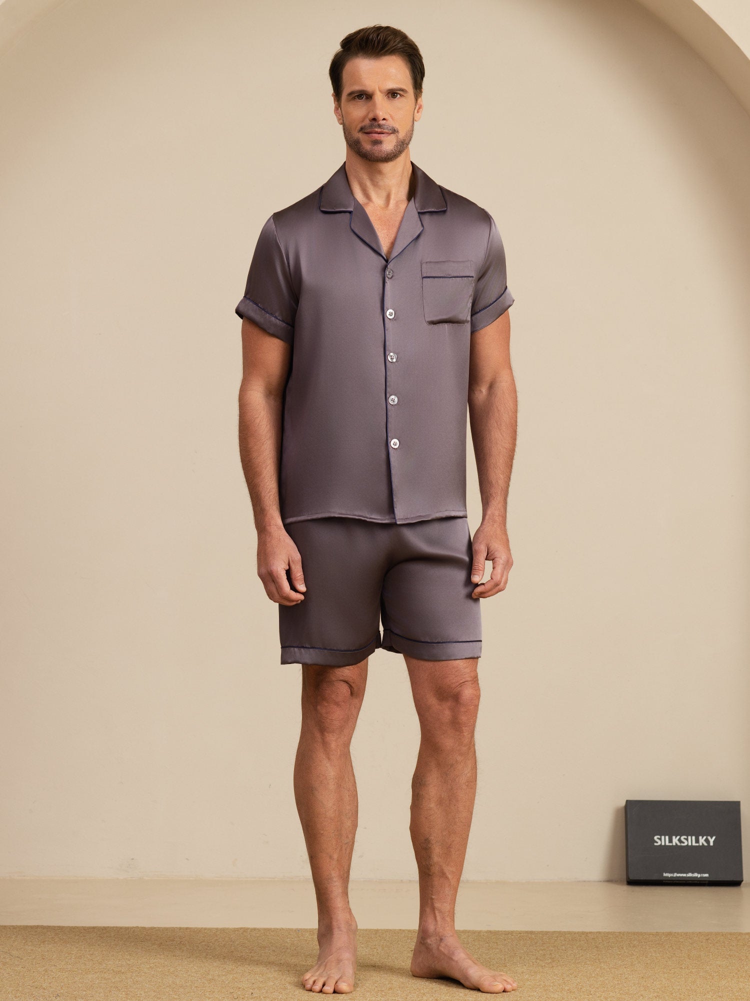 [Grigio Porpora] SilkSilky-IT Maniche Corte Collo a Taglio Pigiami da uomo 003