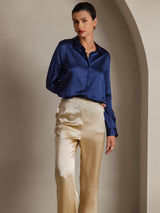 [Blu Scuro] SilkSilky-IT Long Sleeve Lapel Collar Camicie da donna 001