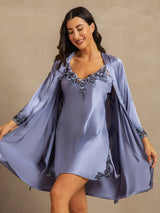 [Blu Acciaio] SilkSilky-IT 3/4 Sleeve V Neck Set camicia e vestaglia 001