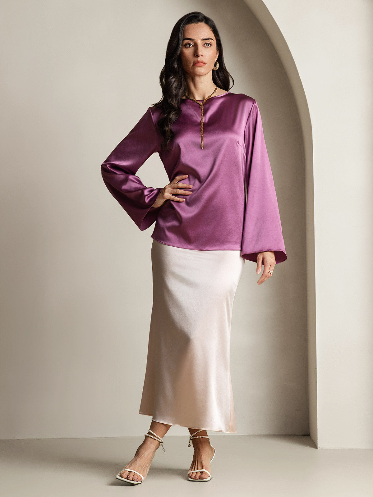 [Viola Scuro] SilkSilky-IT 19Momme Manica lunga Scollo barchetta Camicette 006