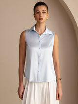 [Azzurro] SilkSilky-IT Sleeveless Lapel Collar Camicie da donna 001