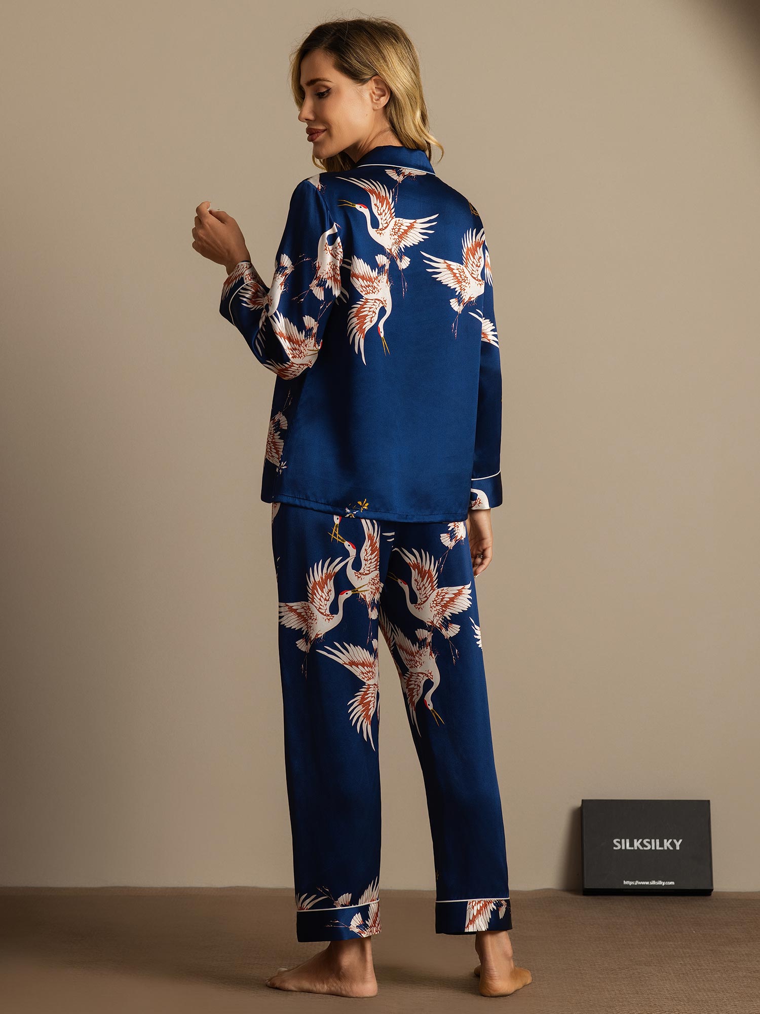 [Blu Scuro] SilkSilky-IT 19Momme Seta pura Womens Pajamas 008,