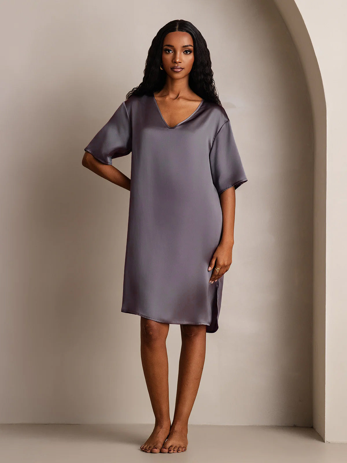 [Grigio Porpora] SilkSilky-IT Seta pura Nightgown 008,