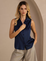 [Blu Scuro] SilkSilky-IT Sleeveless Lapel Collar Camicie da donna 005