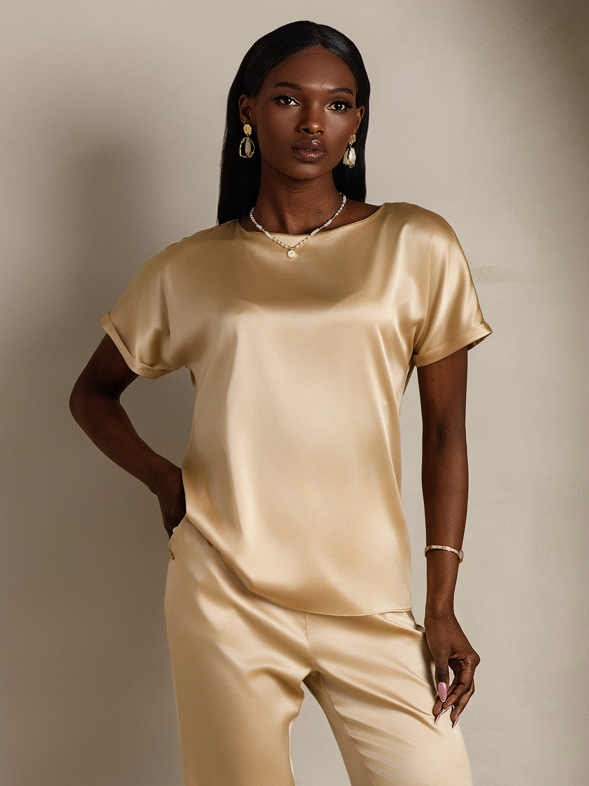 [Champagne] SilkSilky-IT 19Momme Seta Womens T-Shirt 003,