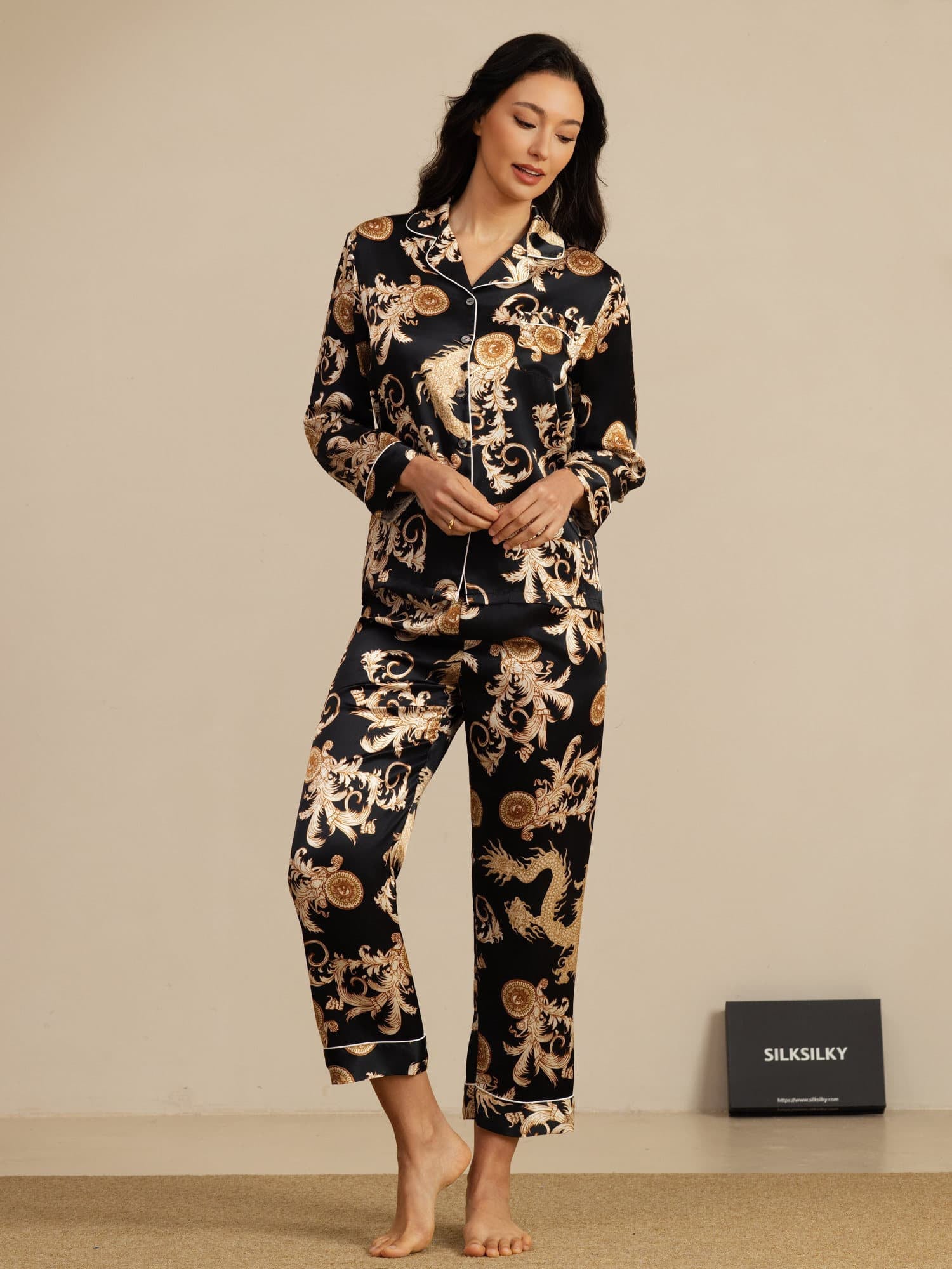 [Drago Nero] SilkSilky-IT Manica lunga Collo a Taglio Pigiami da donna 006