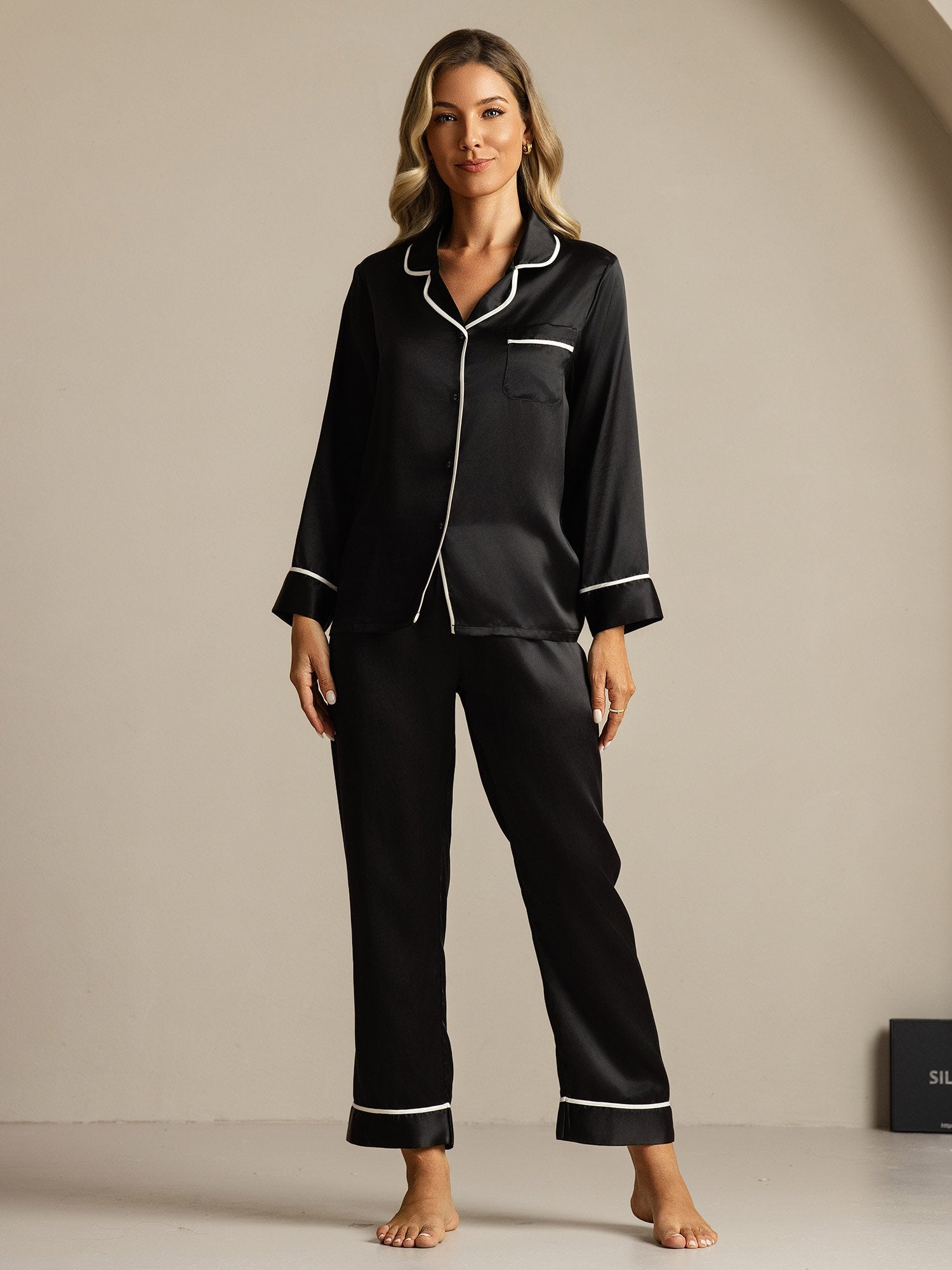 [Nero] SilkSilky-IT Seta pura Colletto risvolto Pigiami da donna 003