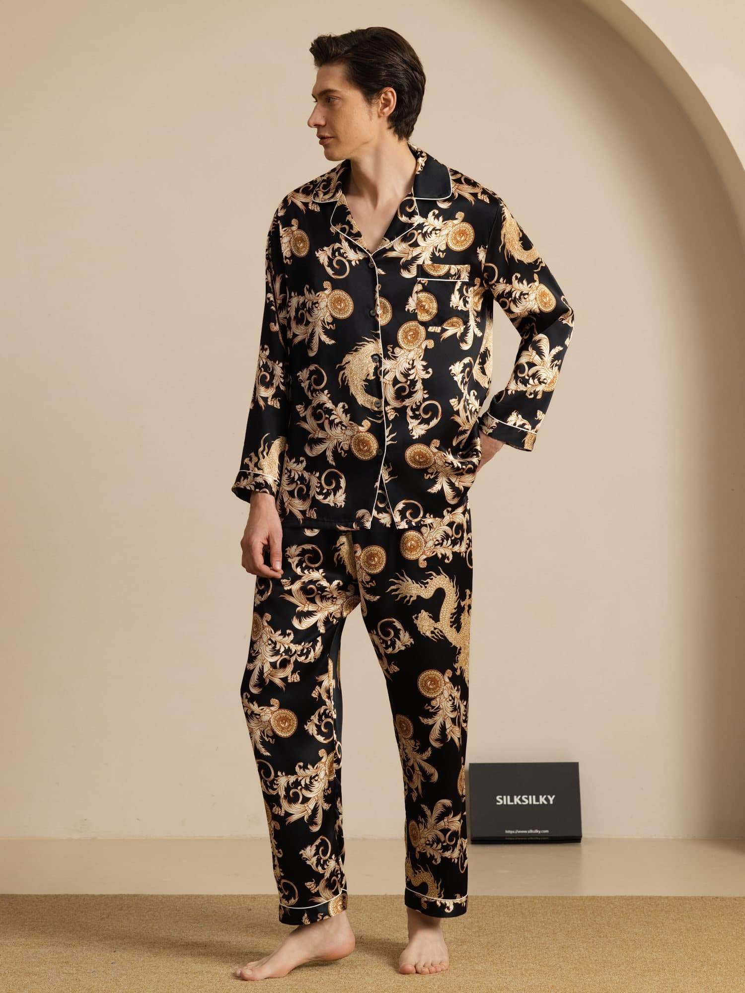 [Drago Nero] SilkSilky-IT Manica lunga Collo a Taglio Pigiami da uomo 006