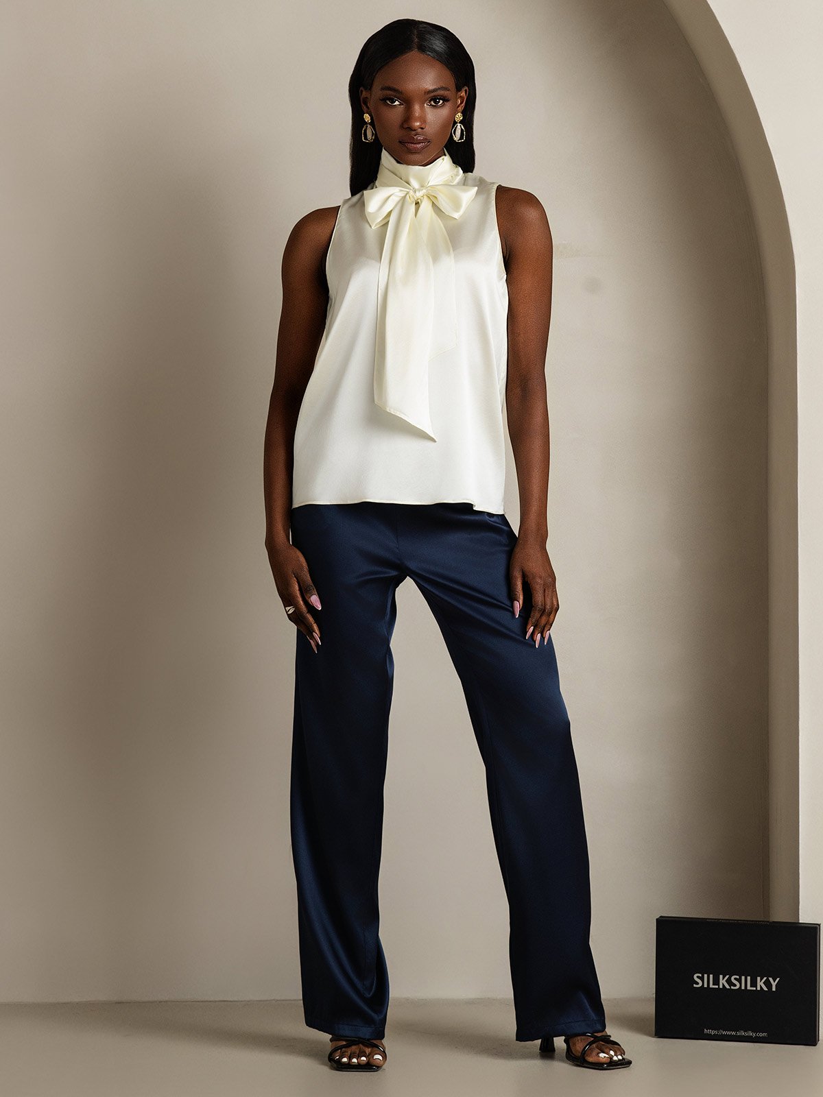 [Avorio] SilkSilky-IT 19Momme Senza maniche Collo con fiocco Camicette 006