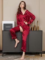 [Rosso Scuro] SilkSilky-IT Long Sleeve Lapel Collar Pigiami da donna 002