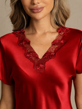 [Rosso Scuro] SilkSilky-IT Short Sleeve V Neck Camicia da notte 004
