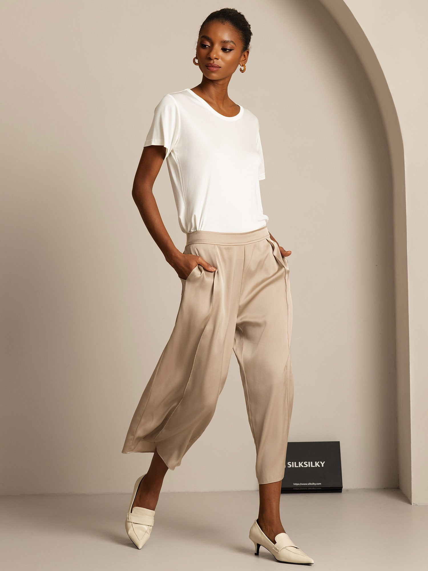 [Bianco] SilkSilky-IT Maglia di seta Womens T-Shirt 007