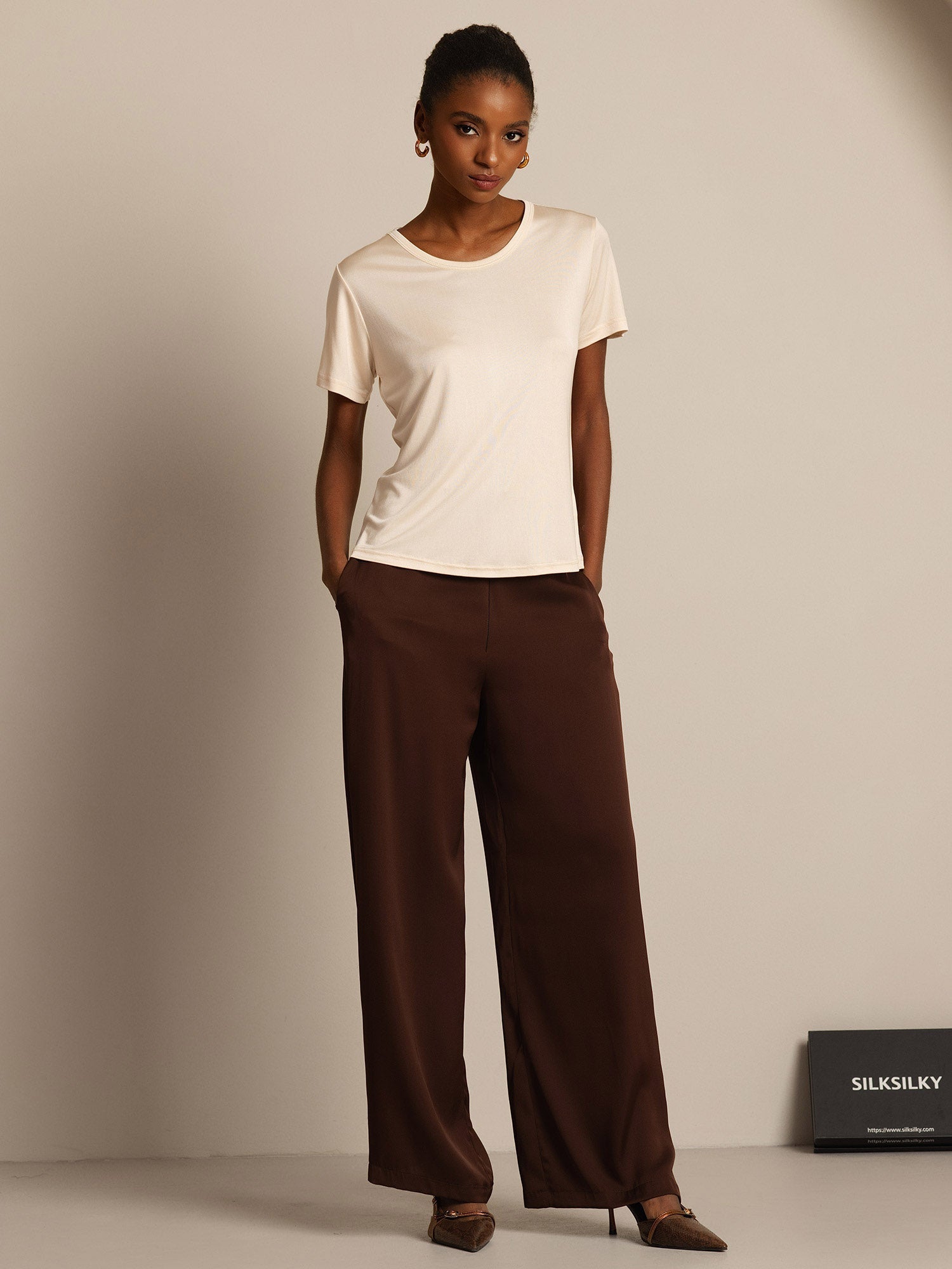 [Beige] SilkSilky-IT Maniche Corte Womens T-Shirt 005