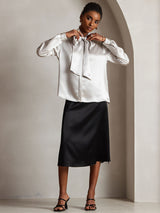 [Grigio Chiaro] SilkSilky-IT Long Sleeve Tie Neck Bluse 005