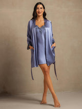 [Blu Acciaio] SilkSilky-IT 3/4 Sleeve V Neck Set camicia e vestaglia 008