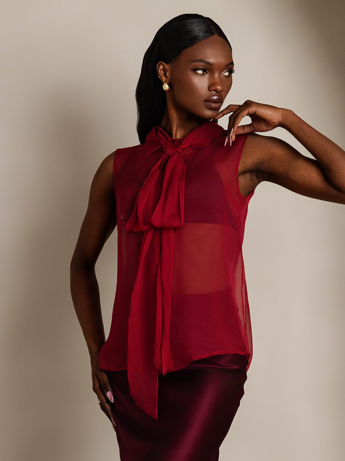 SilkSilky-IT Seta pura Senza maniche Nodo al collo Camicie da donna Vino 004