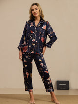 [Floreale Blu Navy] SilkSilky-IT Long Sleeve Lapel Collar Pigiami da donna 001