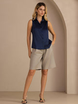 [Blu Scuro] SilkSilky-IT Sleeveless Lapel Collar Camicie da donna 007