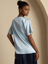 [Blu Grigiastro] SilkSilky-IT Short Sleeve Cowl Neck Bluse 002