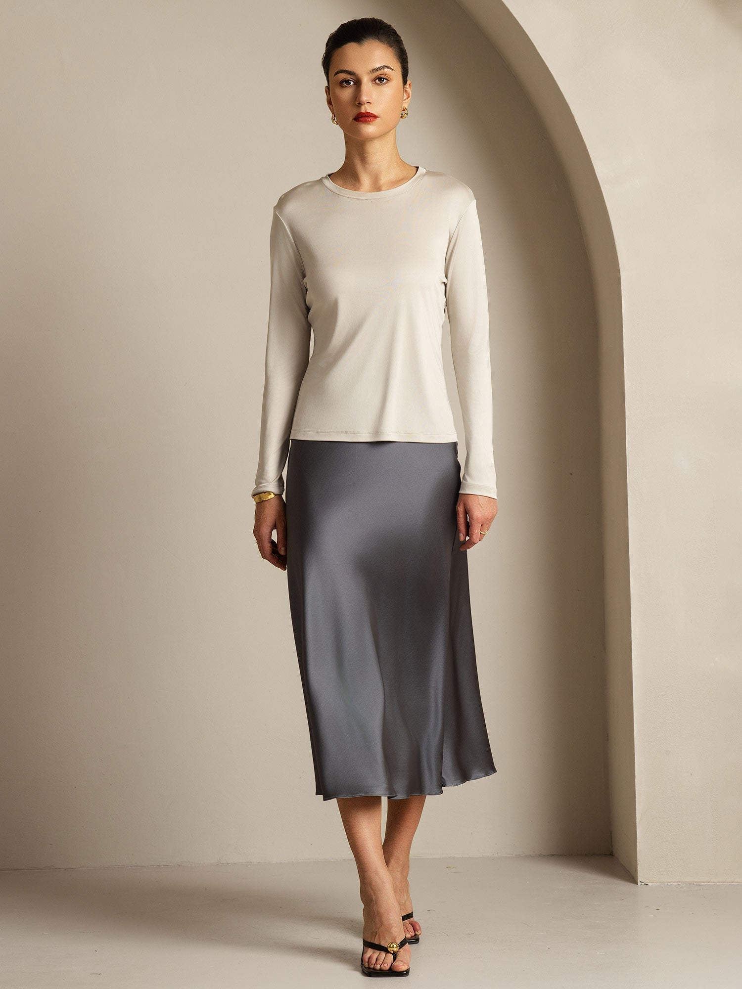 [Grigio] SilkSilky-IT Seta pura Womens T-Shirt 007,