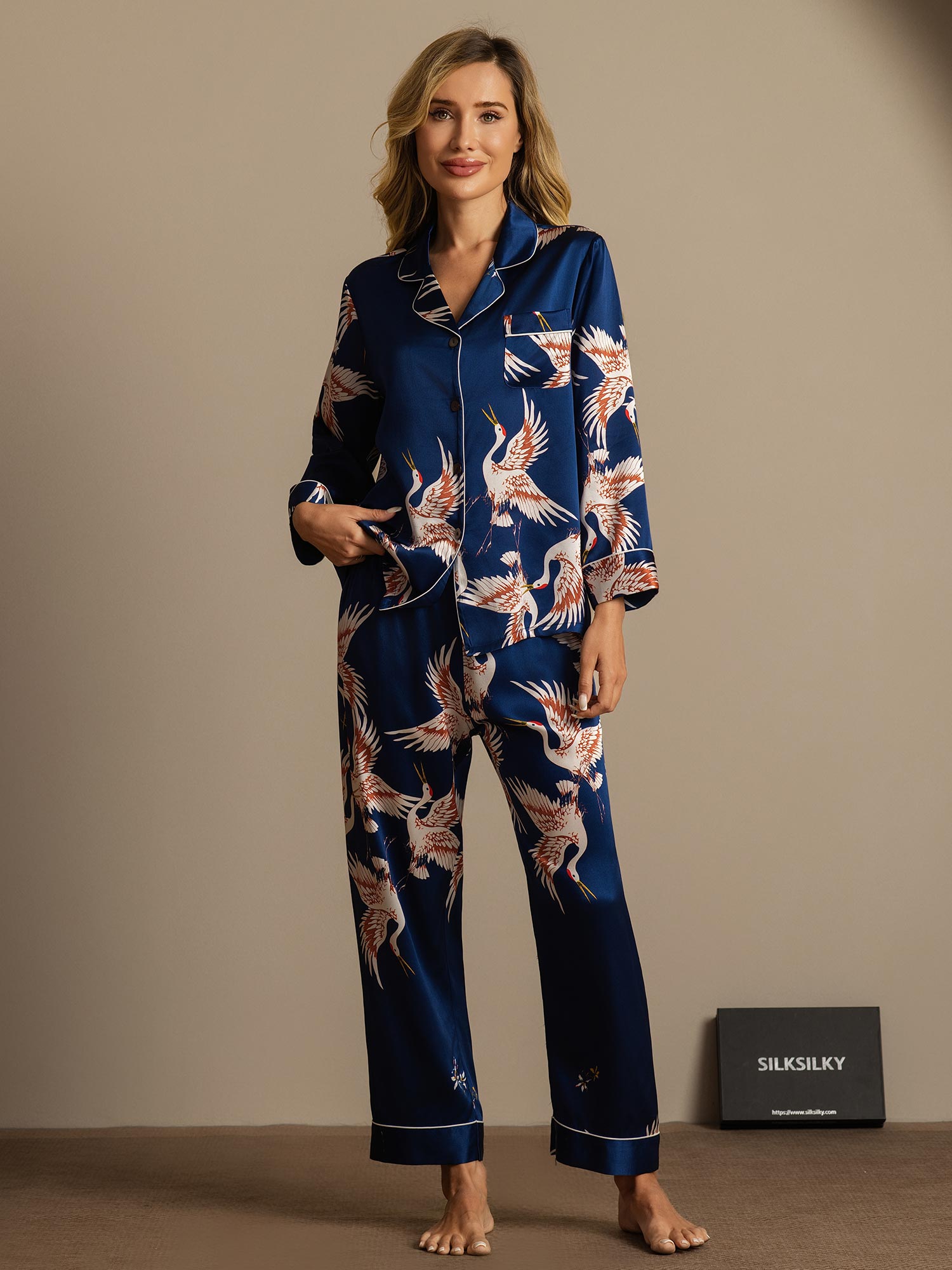 [Blu Scuro] SilkSilky-IT 19Momme Seta pura Womens Pajamas 001,