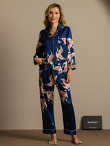 [Blu Scuro] SilkSilky-IT Long Sleeve Lapel Collar Pigiami da donna 001