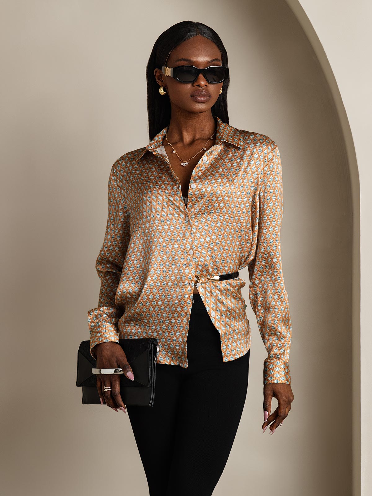 [Floral] SilkSilky-IT Manica lunga Colletto risvolto Camicie da donna 006