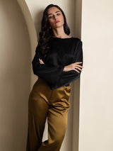 [Nero] SilkSilky-IT Long Sleeve Boat Neck Camicette 005