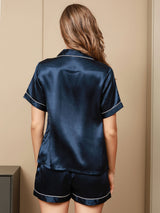 [Blu Scuro] SilkSilky-IT Short Sleeve Lapel Collar Pigiami da donna 002