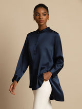 [Blu Scuro] SilkSilky-IT 19Momme Manica lunga Collo Alto Camicette 004