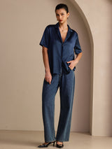 [Blu Scuro] SilkSilky-IT Short Sleeve Lapel Collar Camicie da donna 007