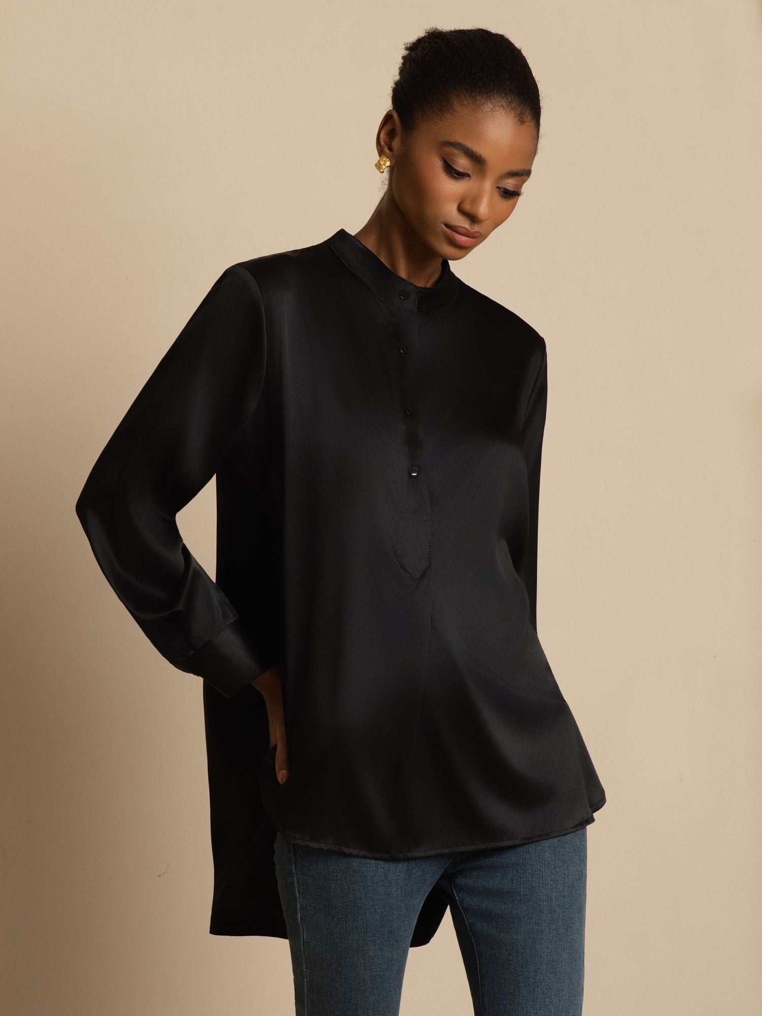 [Nero] SilkSilky-IT 19Momme Seta Manica lunga Collo Alto Camicette 001