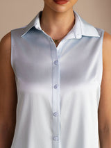 [Azzurro] SilkSilky-IT Sleeveless Lapel Collar Camicie da donna 004