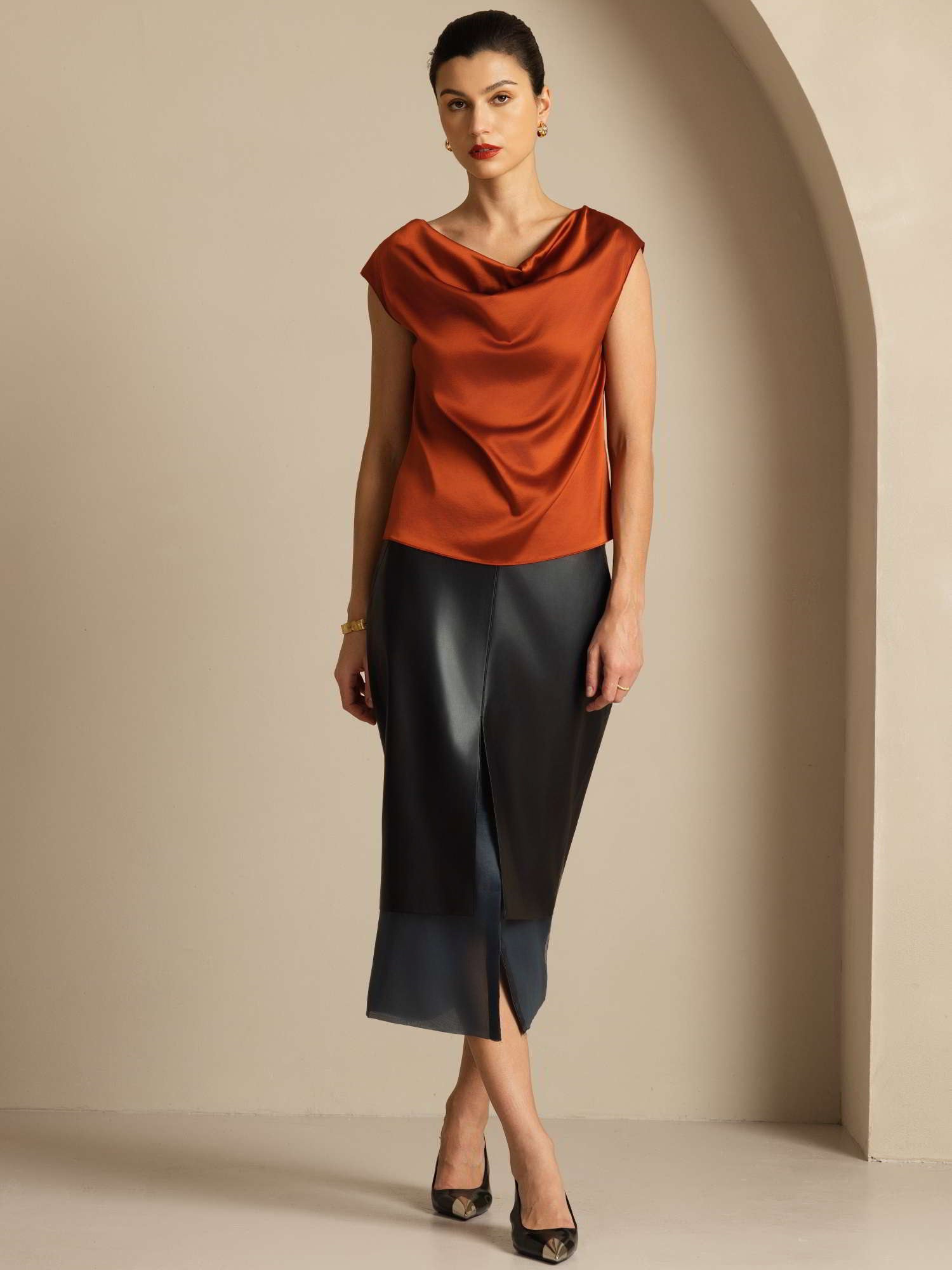 [Caramello] SilkSilky-IT 19Momme Seta Senza maniche Collo drappeggiato Magliette donna 007