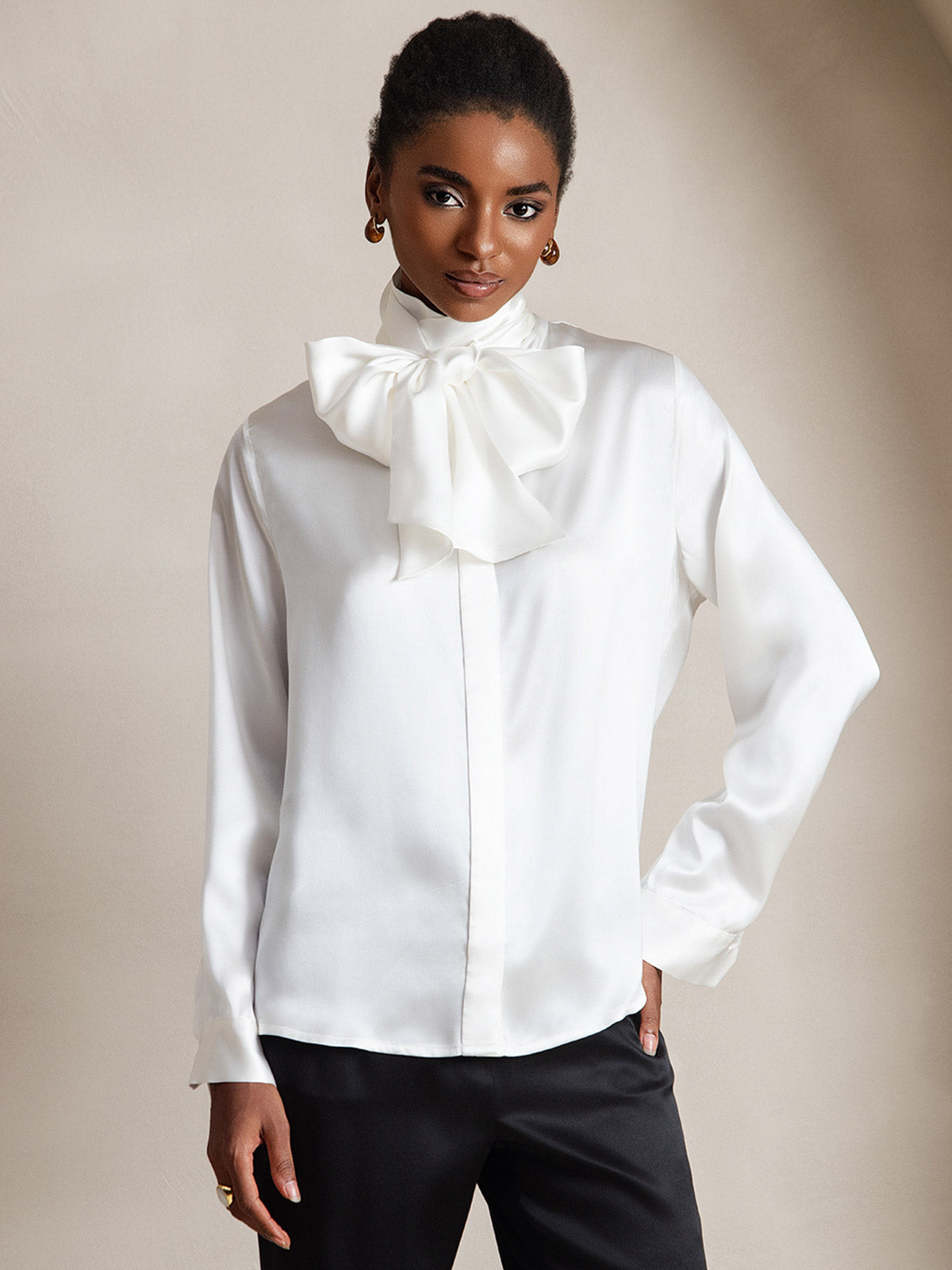 [Bianco] SilkSilky-IT 19Momme Manica lunga Camicette 003