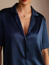 [Blu Scuro] SilkSilky-IT Short Sleeve Lapel Collar Camicie da donna 004