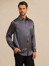 [Grigio Scuro] SilkSilky-IT Long Sleeve Lapel Collar Camicia da uomo 007