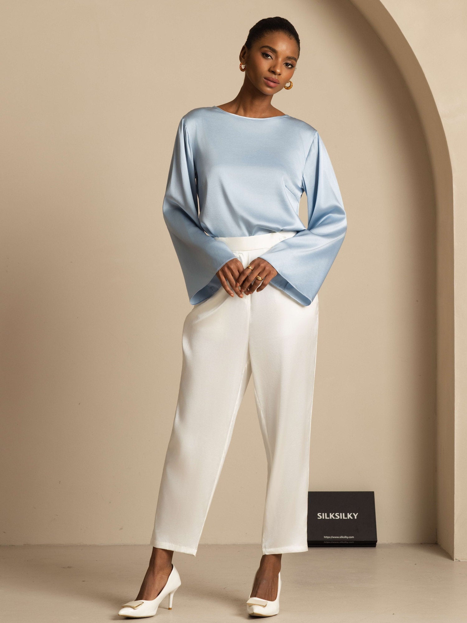 [Blu Grigiastro] SilkSilky-IT 19Momme Manica lunga Scollo barchetta Camicette 008