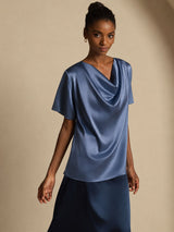 [Verde Petrolio Intenso] SilkSilky-IT Short Sleeve Cowl Neck Bluse 007