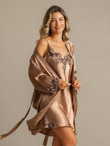 [Marrone] SilkSilky-IT 3/4 Sleeve V Neck Set camicia e vestaglia 007