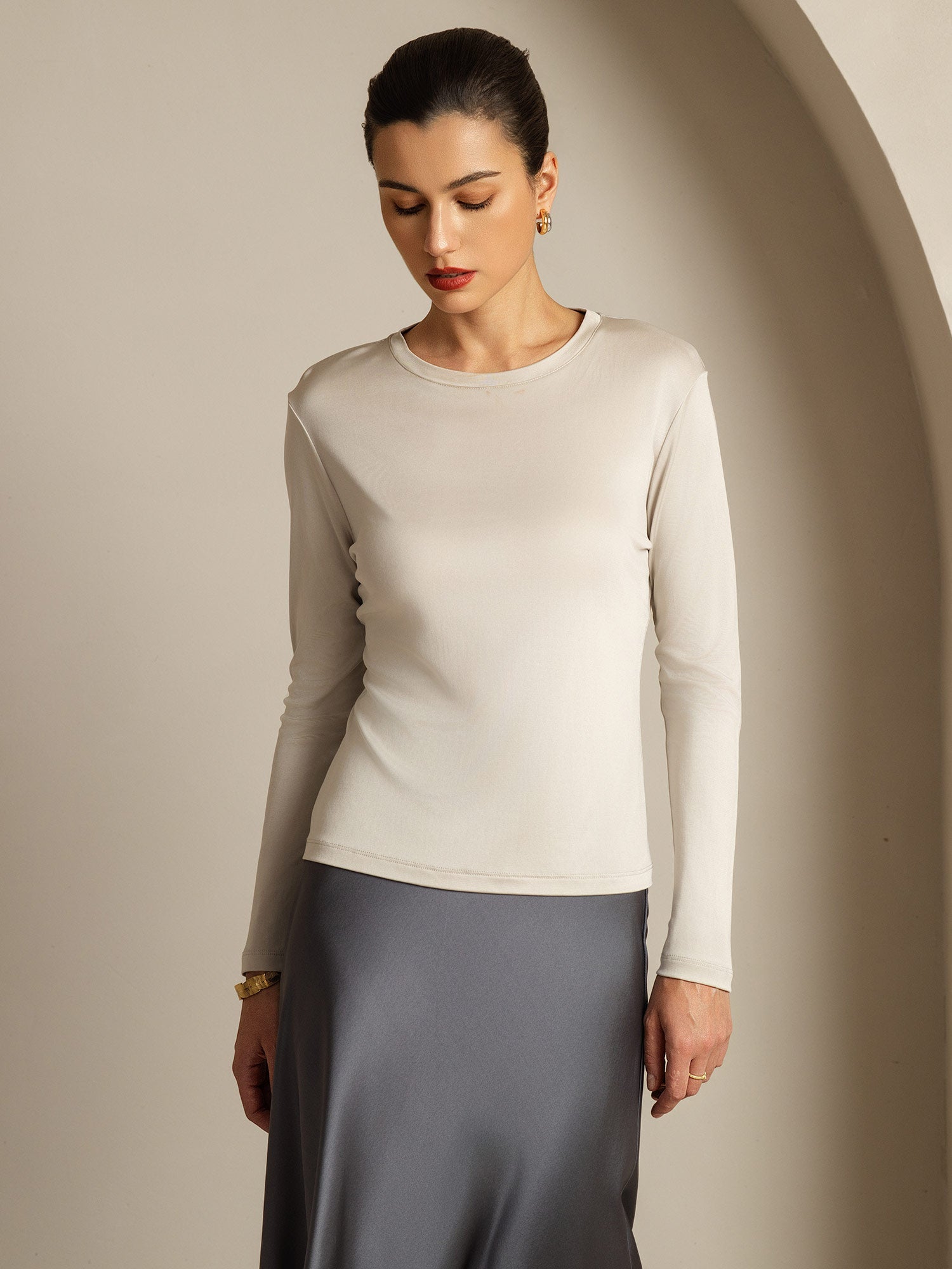 [Grigio] SilkSilky-IT Seta pura Womens T-Shirt 001,