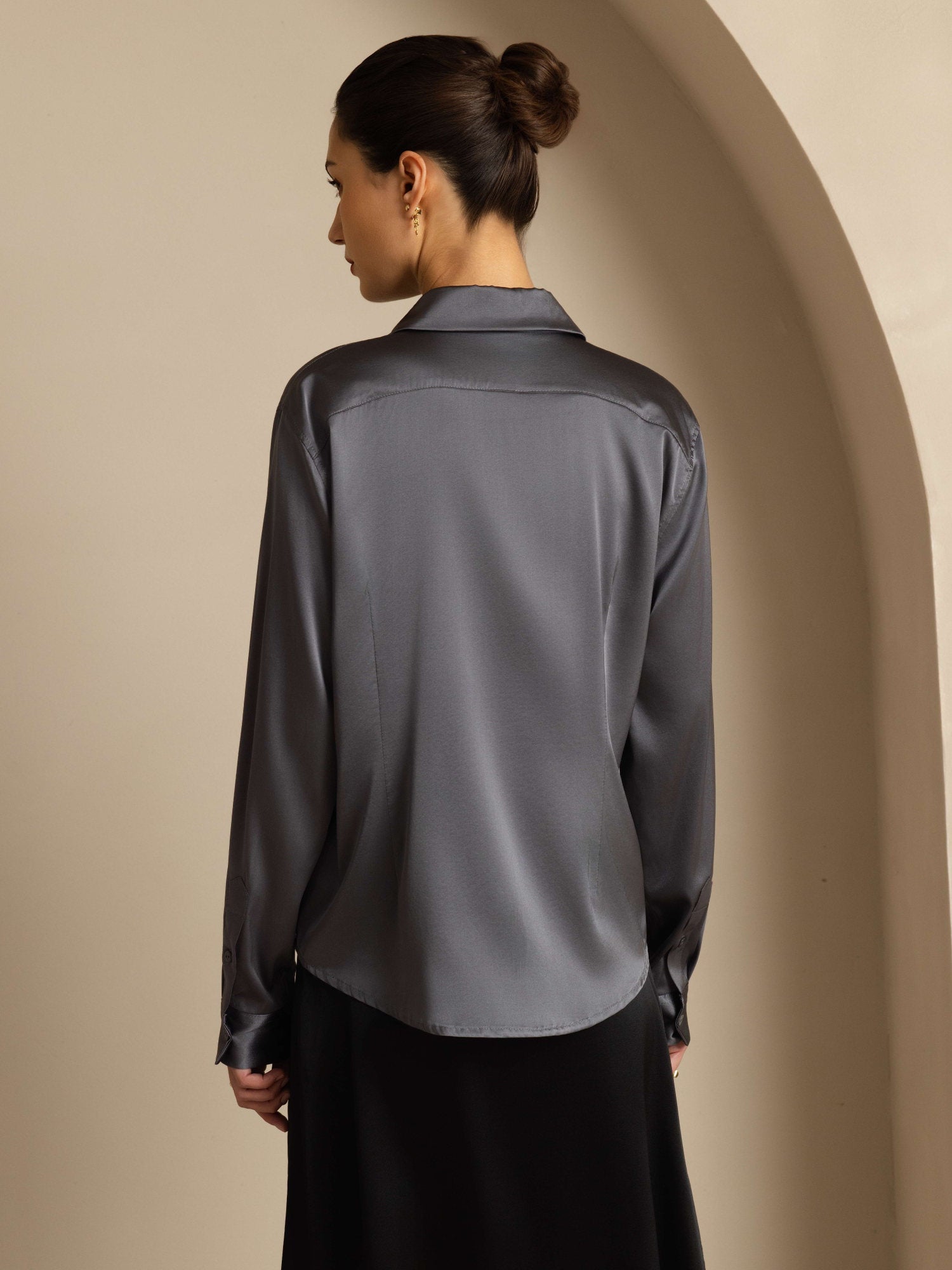 [Grigio Scuro] SilkSilky-IT Manica lunga Colletto risvolto Camicie da donna 002